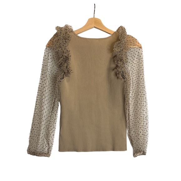 Dolan Anthropologie Ribbed Top Sheer Puff Polka Dot Sleeves Coquette Feminine  S - Picture 4 of 8